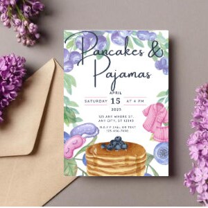 Pancakes & Pajamas, Birthday Invitation, Canva Editable, Digital Download