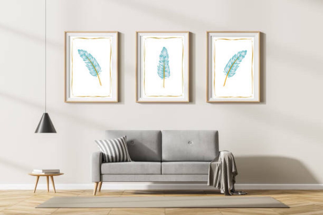 Feather Modern Wall Art Posters Home Decor Set of 3 Duck Egg Blue & Sea