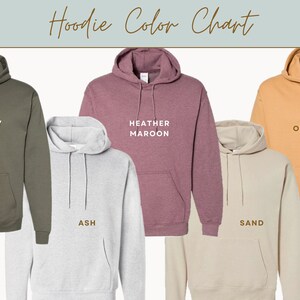 May include: Color chart showing different hoodie colors: Military Green, Ash, Heather Maroon, Sand, and Old Gold.