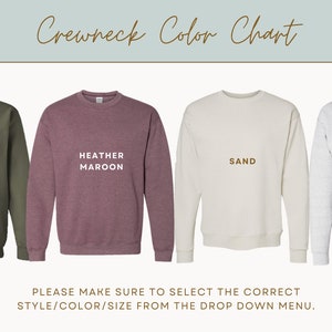 May include: Colour chart for crewneck sweatshirts. The colours shown are military green, heather maroon, sand, and ash.