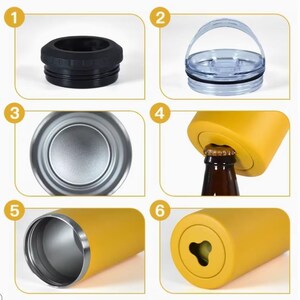 May include: A collection of insulated tumbler parts, featuring a black screw-on base, a clear lid with a handle, and a yellow bottle with an integrated bottle opener. The tumbler has a silver interior and a yellow exterior.