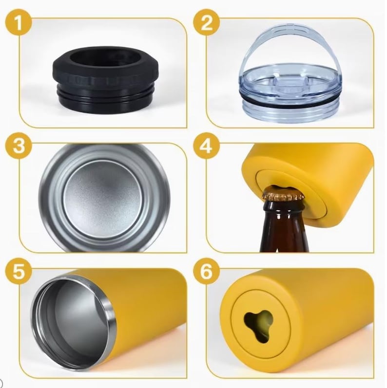 May include: A collection of insulated tumbler parts, featuring a black screw-on base, a clear lid with a handle, and a yellow bottle with an integrated bottle opener. The tumbler has a silver interior and a yellow exterior.