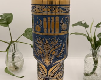 Fantasy Book Reader 40 Oz Laser Engraved Tumbler | Book shelf with Dragon Tumbler | Romantasy Book Tumbler | Dragon Tumbler