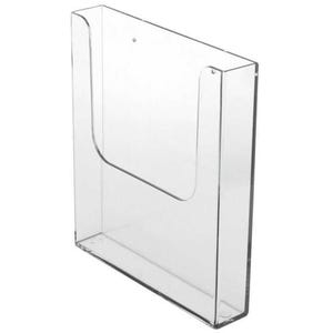 May include: Clear acrylic wall-mounted brochure holder. The holder has a rectangular shape with a curved front opening for easy access. It is designed to display and organize printed materials.