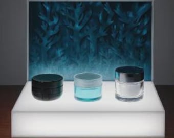 Soporte de mesa de acrílico personalizado para exhibición de maquillaje con iluminación LED.