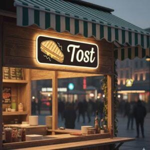 May include: A wooden food stand with a green and white striped awning. A sign with the word "Tost" and a sandwich graphic is illuminated. The stand has a counter and shelves with food items.