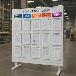 May include: A white SQDCM Rapor Panosu board with multiple clipboards, each holding a document. The board has colored labels for Safety, Quality, Delivery, Cost, and Moral. The text "TABELAMATIK" is at the bottom.