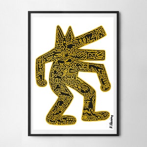Keith Haring Yellow Dog Wall Art Print, Art Poster, Exhibition Print, Famous Artist Print, Gallery Wall Home Decor