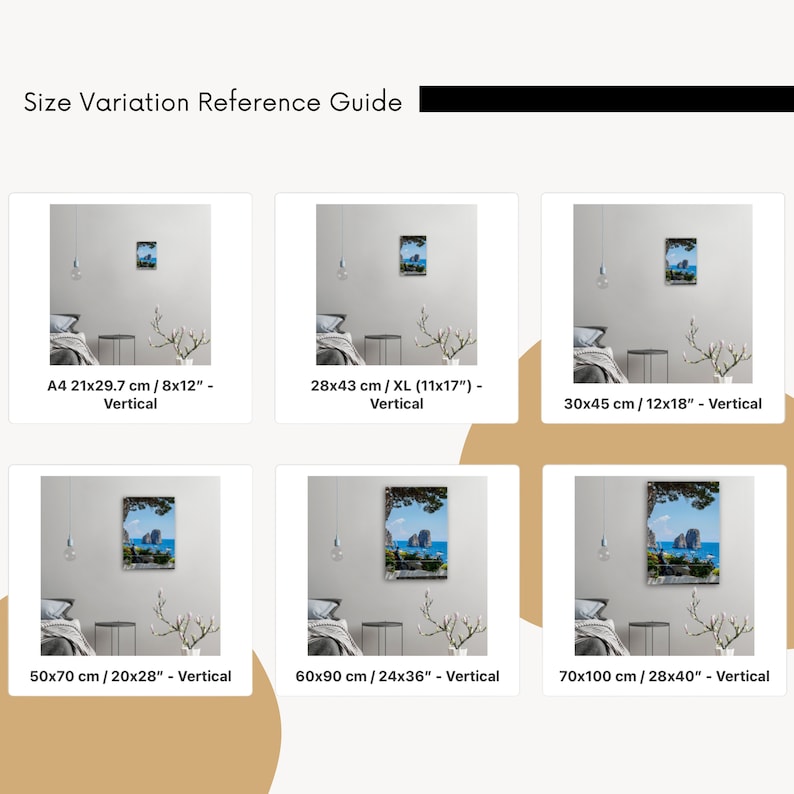 May include: A size variation reference guide for canvas prints. The guide shows six different sizes of canvas prints, ranging from 8x12 inches to 28x40 inches. Each size is displayed in a bedroom setting, with a white wall and a bed with white bedding.