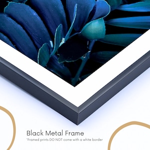 May include: Close-up of a black metal frame with a white mat surrounding a print of blue and green tropical leaves. "Framed prints DO NOT come with a white border" is written below the image.