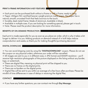 May include: Print and frame information and key features for a print. The text describes the paper, frame, and production process. It also mentions a digital download option and contact information.