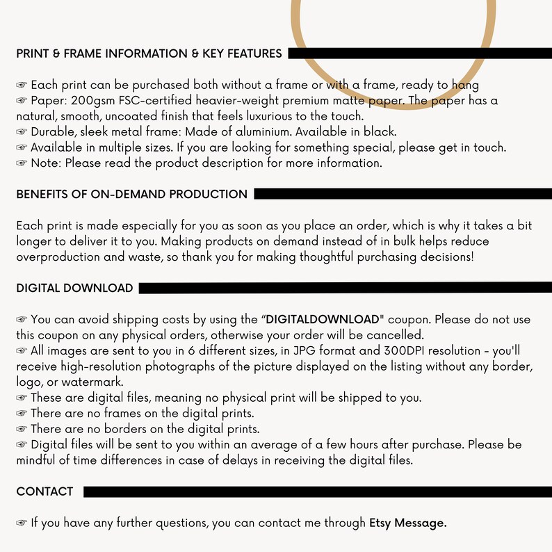 May include: Print and frame information and key features for a print. The text describes the paper, frame, and production process. It also mentions a digital download option and contact information.
