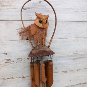 Owl Bamboo Wind Chime Wooden Bamboo and Coconut Carved Hanging Wind Chime.