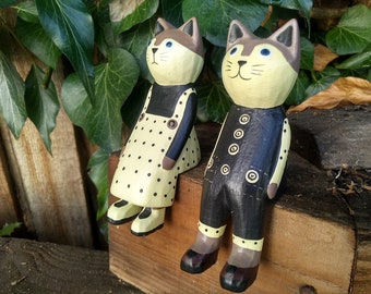 Cats Wooden Shelf Sitters Mr and Mrs Miniature Shelf Sitters