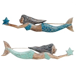 Sirenas. Figura de sirena de madera pintada para pared. Pareja de sirenas