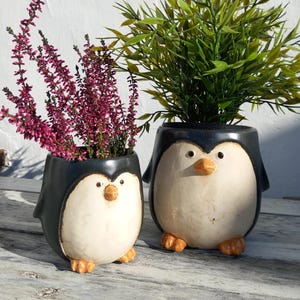 May include: Two ceramic penguin planters, one larger than the other, with black and white paint and a brown beak. The larger planter holds a green plant, while the smaller planter holds pink flowers.
