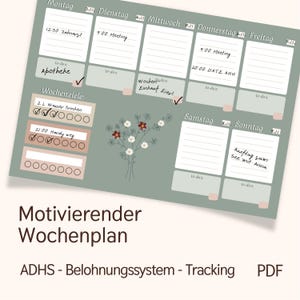 以下が含まれることがあります： 各日のセクション、To-Doリスト、週間の目標セクションを含む、緑色の週間プランナー。プランナーには花のイラストとテキスト「Motivierender Wochenplan」があります。