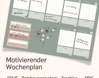 Könnte beinhalten: Ein grüner Wochenplaner mit Abschnitten für jeden Tag, einschließlich To-Do-Listen und einem Abschnitt für Wochenziele. Der Planer hat eine Blumenillustration und den Text "Motivierender Wochenplan".