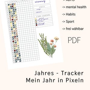 Könnte beinhalten: Ein druckbarer PDF-Jahres-Tracker mit dem Titel "Mein Jahr in Pixeln". Der Tracker enthält ein Raster für tägliche Einträge, einen Stimmungstracker und Platz für Ziele. Das Design zeigt eine florale Illustration und eine farbcodierte Legende.