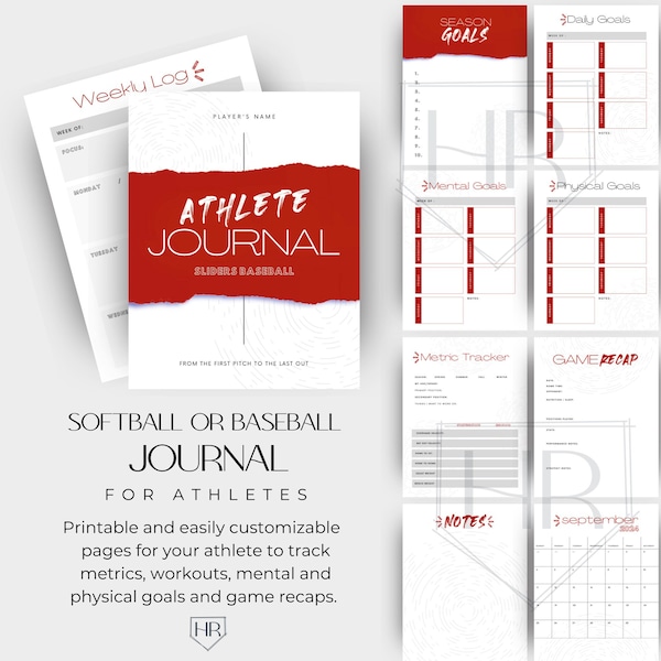 Softball Baseball Sports Athlète Formation Journal Pages Planner | Fichier modifiable imprimable Canva personnalisable | Modèle numérique | CV