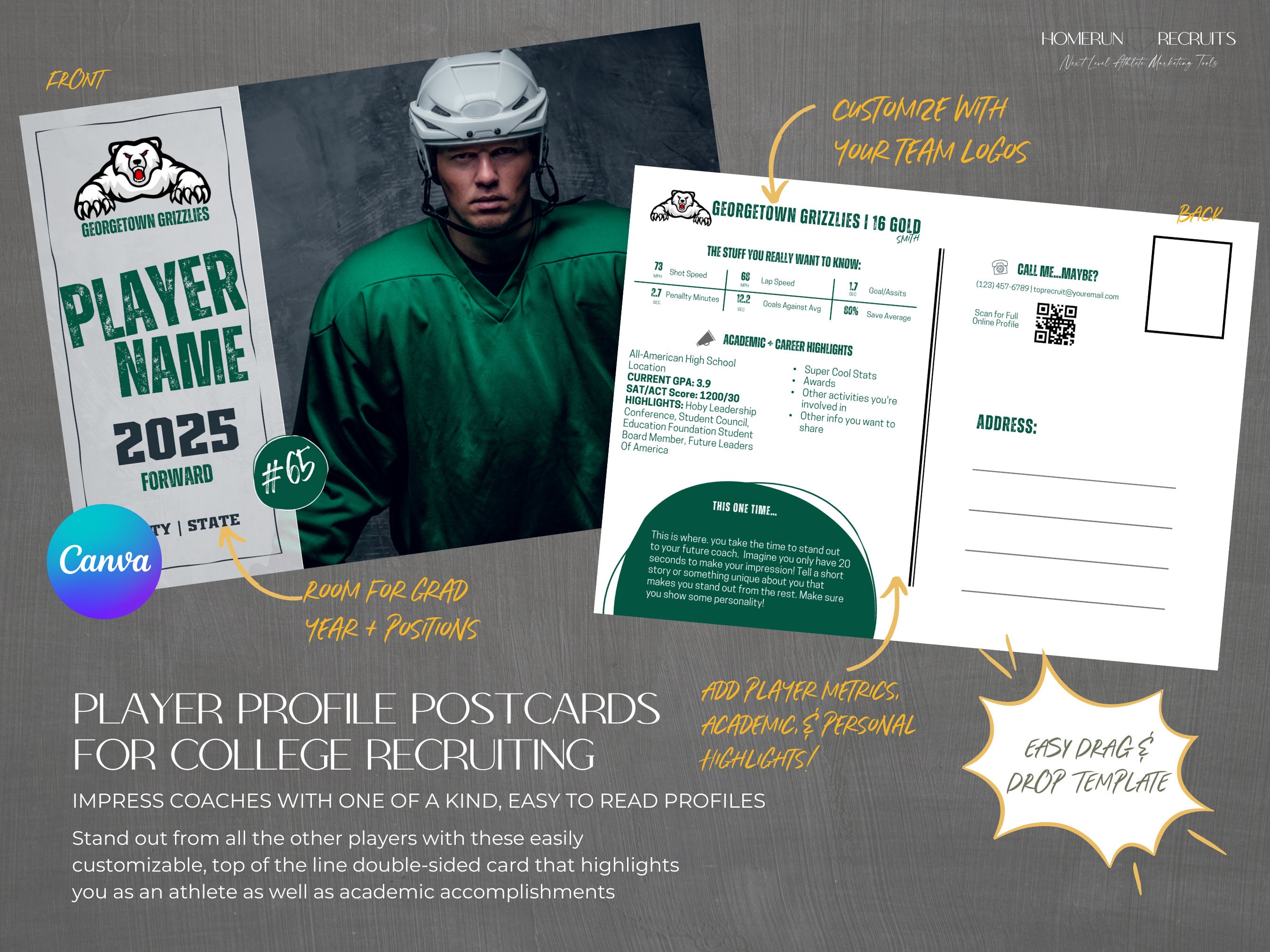 Hockey Player Profile College Recruiting Double Sided 5x7 Postcard Mailer Customizable Canva Printable Editable Template for Sports Athlete