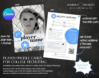 Sports Resume Player Profile College Recruiting Double Sided 5x7 Postcard Customizable Canva Printable Editable Template softball baseball