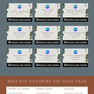 May include: A graphic with nine colorful squares, each featuring a Canva logo and instructions on how to use Canva for design. The graphic also includes a section titled "Best Way to Export the Final Files" with instructions on how to download files for print at home, print shop, and digital use.