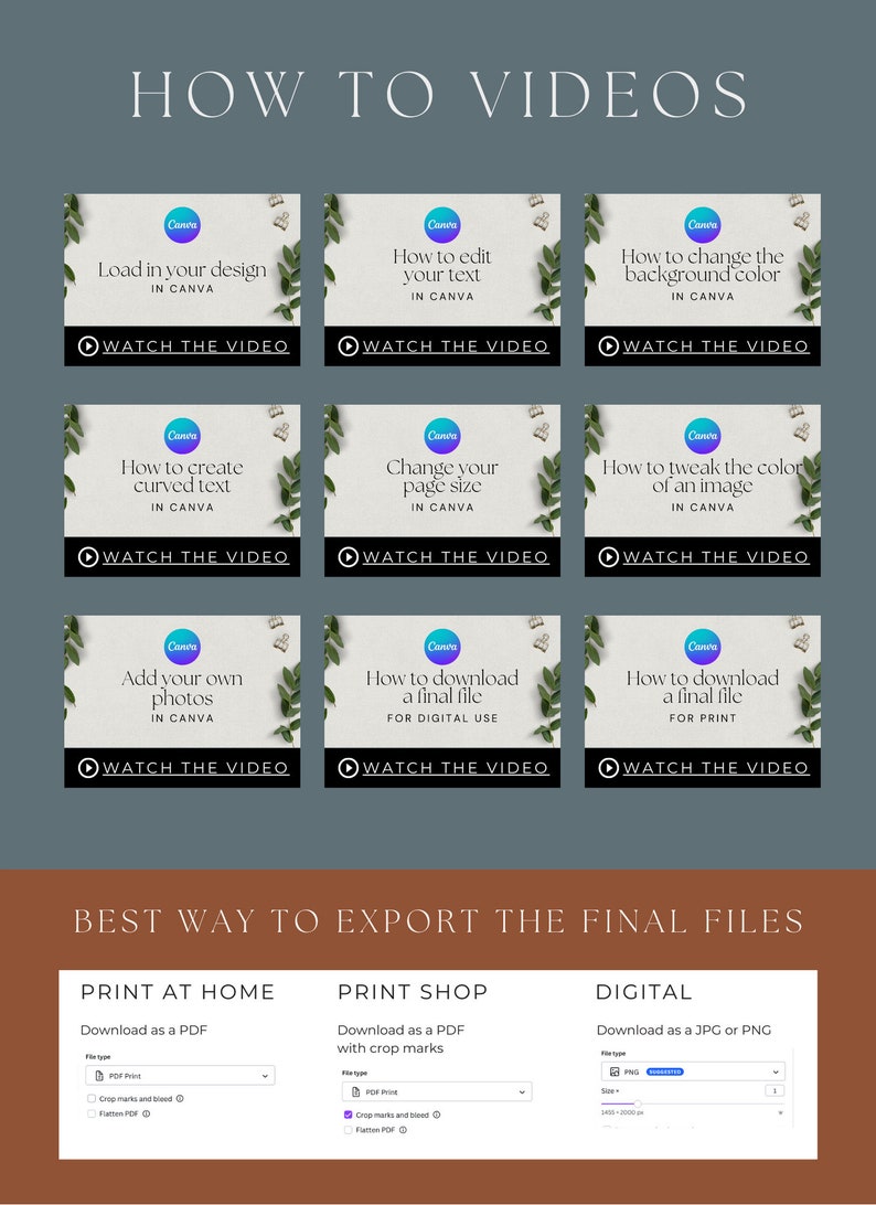 May include: A graphic with nine colorful squares, each featuring a Canva logo and instructions on how to use Canva for design. The graphic also includes a section titled "Best Way to Export the Final Files" with instructions on how to download files for print at home, print shop, and digital use.