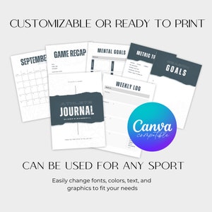 May include: A printable athlete journal template with a black and white design. The journal includes sections for game recaps, mental goals, weekly logs, and season goals. The template is compatible with Canva.