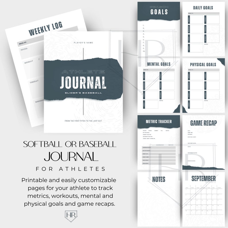 May include: Printable journal for athletes, featuring a gray and white design with the text "Athlete Journal" and "Slider's Baseball". The journal includes sections for weekly logs, daily goals, mental goals, physical goals, metric tracker, game recap, notes, and a calendar.