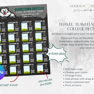 20 player Travel Sports Resume Team Player Athlete Profile College Recruiting Sheet Customizable Canva Printable Template softball baseball