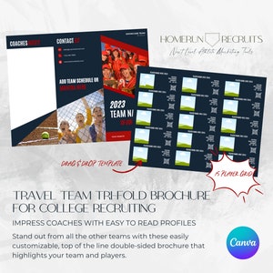 Sports Resume Team or Player Profile College Recruiting Sheet Trifold Customizable Canva Printable Template softball baseball 15 player