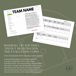 Athlete Evaluation with Tryout Sign Up Registration Template Baseball Softball Player Customizable Canva Printable Editable Digital Download