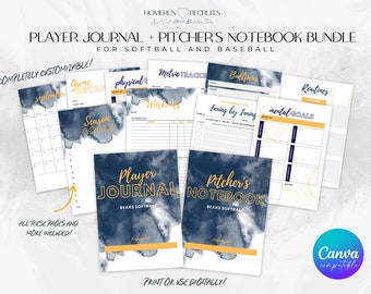 Softball Pitcher's Notebook Baseball Athlete Training Journal Bundle Customizable Canva Printable Editable Digital Template