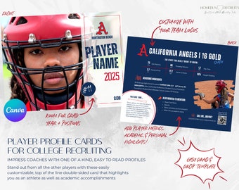 May include: A blue and white player profile card template for college recruiting. The front of the card features a photo of a female baseball player wearing a catcher's mask. The back of the card has a blue background with white text and a QR code. The text on the card includes "California Angels | 16 Gold" and "Player Name".
