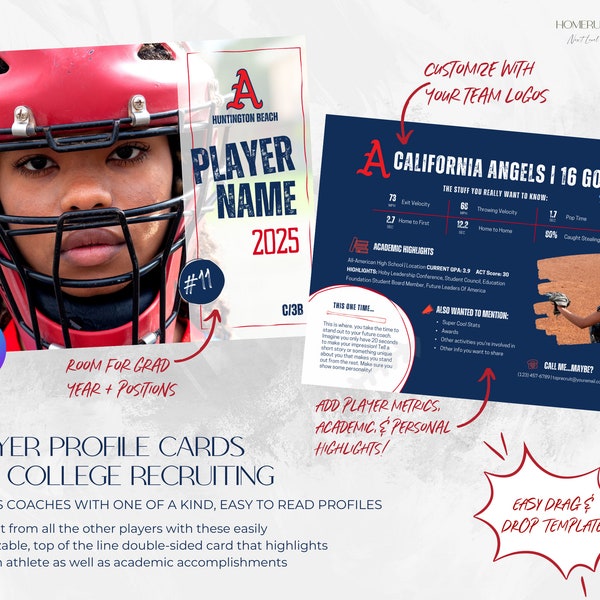 Athlete Profile Sports Resume College Recruiting Double Sided 5x7 Postcard Customizable Canva Printable Editable Template softball baseball