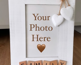 Rustic family frame for 6 x 4 photo / Frame with hearts / Scrabble letters / perfect gift / Birthday / Christmas / gift for a family /