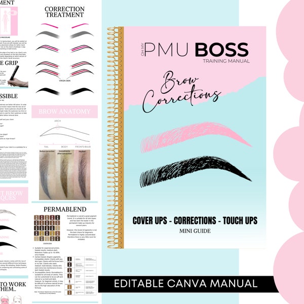 Correcciones SPMU, Microblading Brows Cover Ups, Retoques, Manual de Entrenamiento, Mini Guía, Artistas SPMU, Editable en Canva