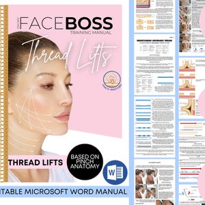Puede incluir: Un manual de formación rosa y blanco titulado "FACEBOSS Thread Lifts" con el rostro de una mujer en la portada. El manual se basa en la anatomía del pellizco y es editable en Microsoft Word.