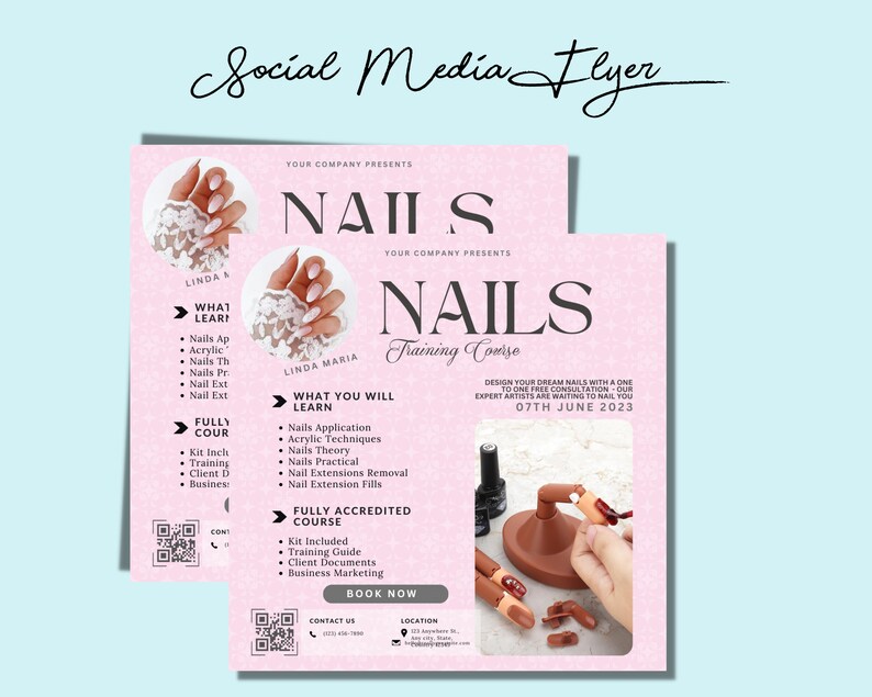 Nails Training Editable Templates, Nail Extensions flyer, Nail Art class, Course flyer, Nails training Certificate, Edit in Canva