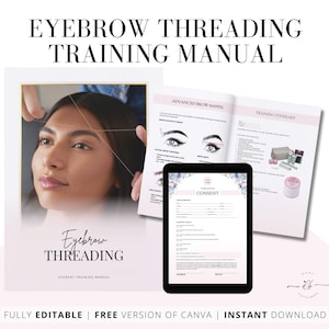 May include: A pink and white training manual for eyebrow threading. The manual includes a consent form, advanced brow mapping, and a training itinerary. The cover features a woman getting her eyebrows threaded.