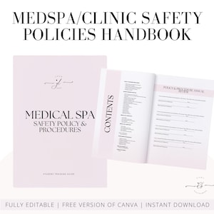 May include: A pink and white handbook titled "MEDSPA/CLINIC SAFETY POLICIES HANDBOOK" with the words "MEDICAL SPA SAFETY POLICY & PROCEDURES" on the front cover. The handbook is open to reveal a table of contents and a page titled "POLICY & PROCEDURE ANNUAL REVIEW".