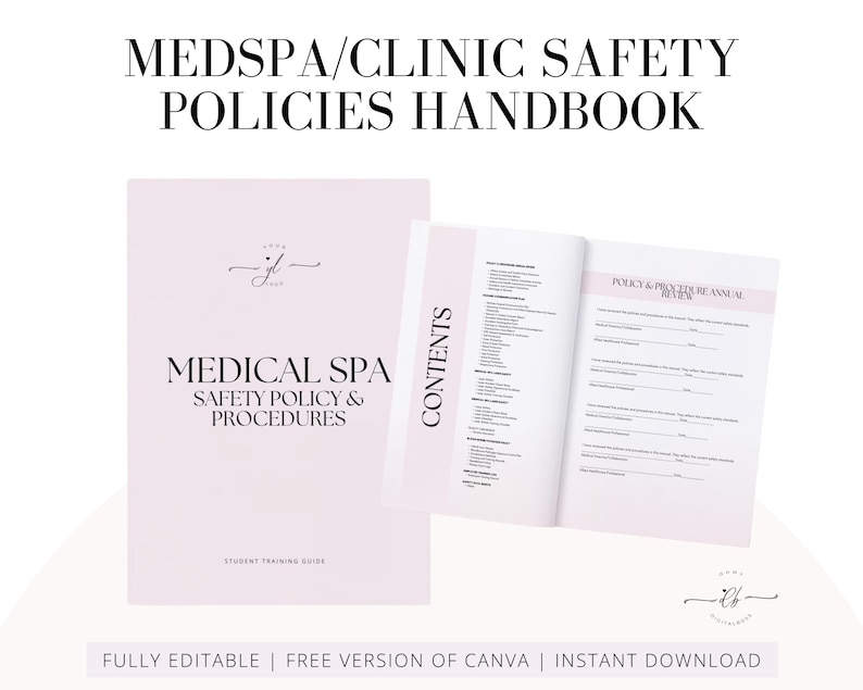 Medical Spa Clinic Safety Policies, Procedures Manual, SOP, MedSpa, Office Health Policy, OSHA, Lasers, Hazards, ANSI, Edit in Canva