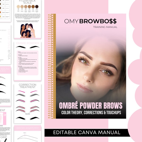 Manual de entrenamiento editable de OMBRÉ POWDER Brows, correcciones de cejas PMU, retoques de cejas, edición en Canva para tu clase de cejas