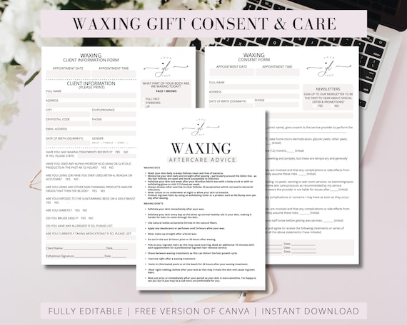 Waxing Consent Forms Template, Esthetician Consultation, Aftercare (Editable in Canva)