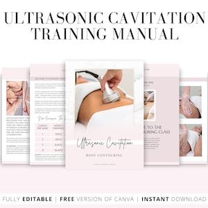 Puede incluir: Un manual de formación rosa y blanco para la cavitación ultrasónica de contorno corporal. El manual incluye un mensaje de bienvenida, una tabla que muestra las ganancias semanales potenciales y una foto de una persona que recibe un tratamiento. El texto "Ultrasonic Cavitation Body Contouring" aparece en la portada.