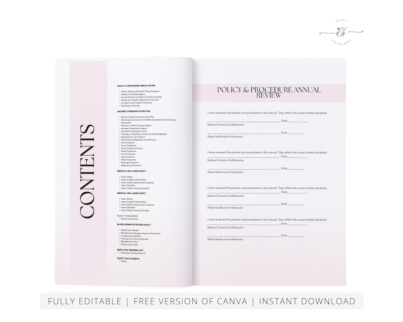 Medical Spa Clinic Safety Policies, Procedures Manual, SOP, MedSpa, Office Health Policy, OSHA, Lasers, Hazards, ANSI, Edit in Canva