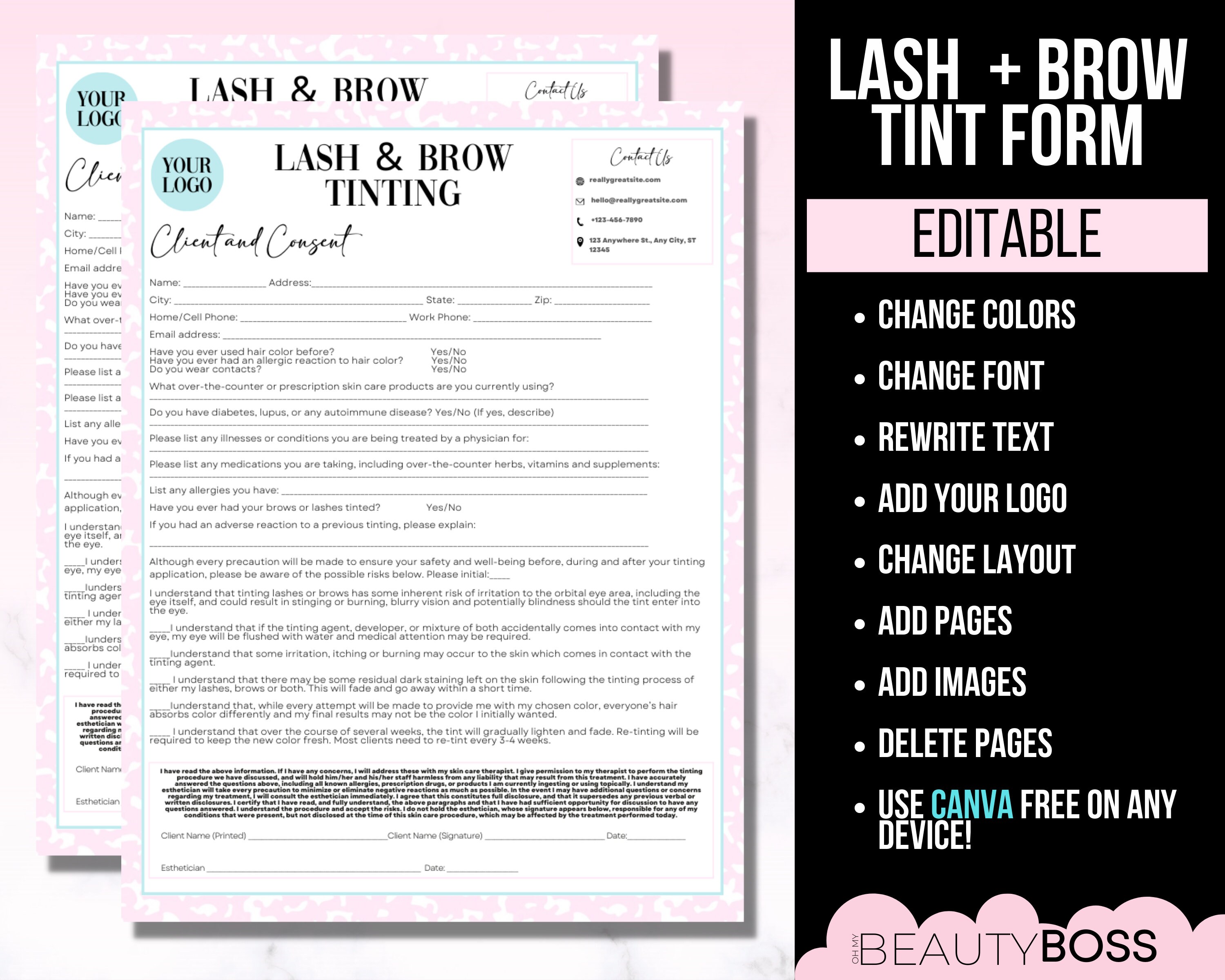 Lash and Brow Tint Consent Form, Simple Consent Form, Esthetician Forms ...