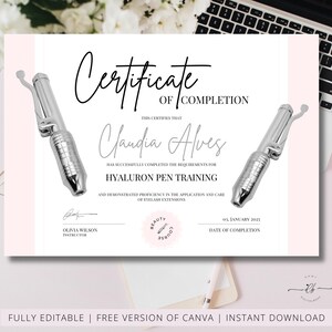 Kein Nadelfüller-Zertifikat, Hyaluron-Pen-Diplom, bearbeitbare Vorlage, Hyaluron-Stift, Zertifikate, Schönheitszertifikat, bearbeiten in Canva