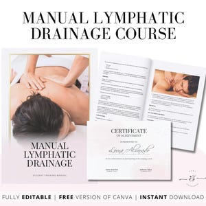 Puede incluir: Un certificado de logro para un curso de drenaje linfático manual, presentado a Loma Alvarado. El certificado está sobre un fondo rosa y blanco con un diseño floral. El certificado está rodeado de imágenes de un terapeuta de masaje realizando un masaje de drenaje linfático a un cliente.